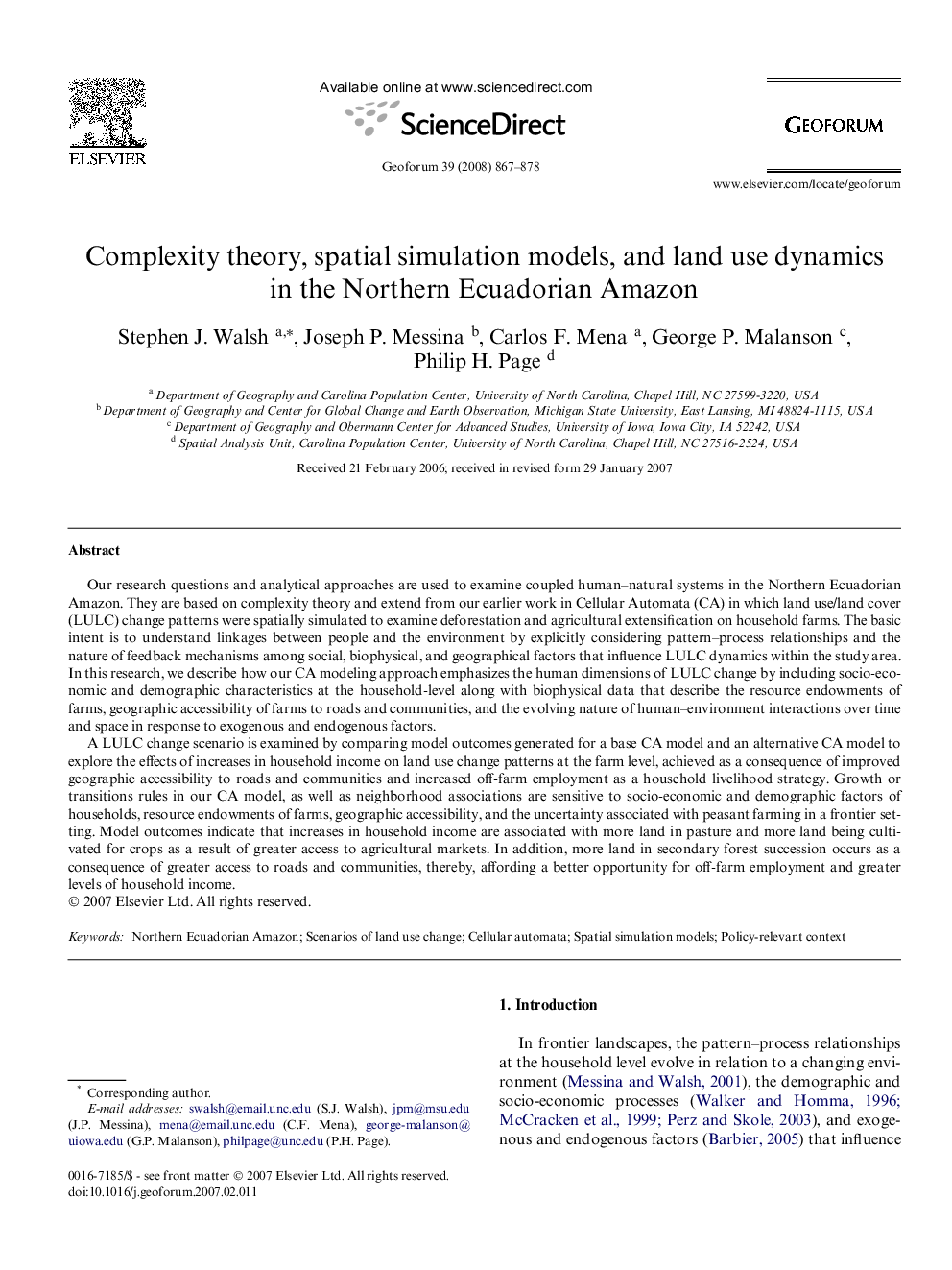 Complexity theory, spatial simulation models, and land use dynamics in the Northern Ecuadorian Amazon