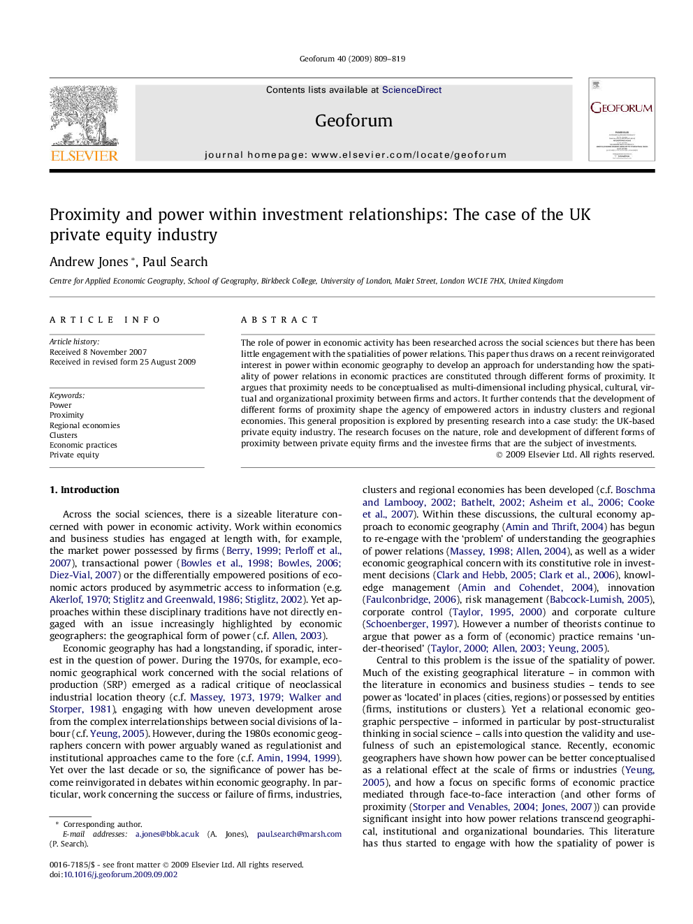 Proximity and power within investment relationships: The case of the UK private equity industry