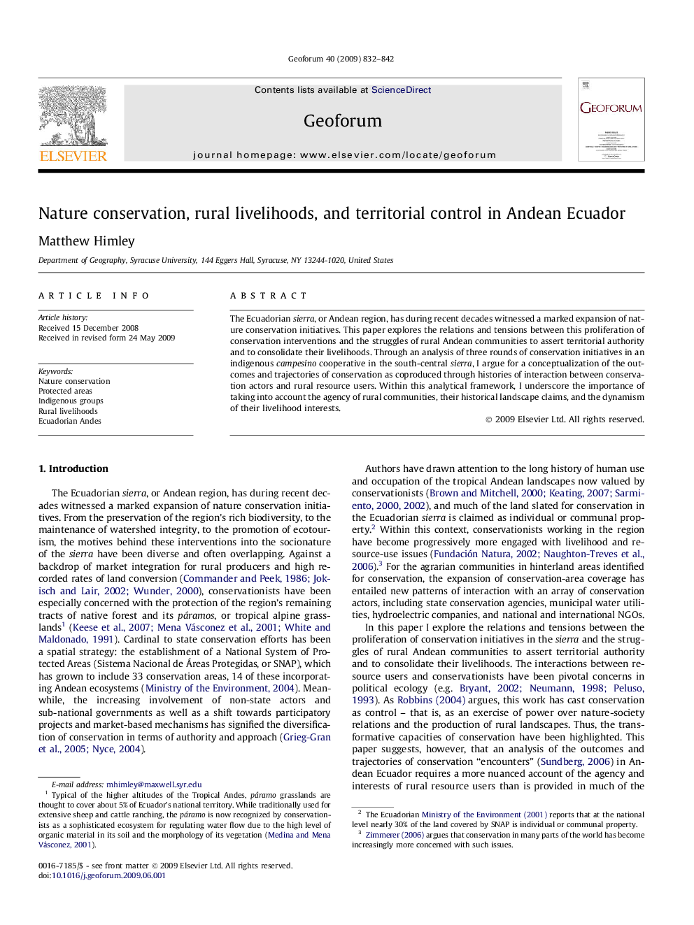 Nature conservation, rural livelihoods, and territorial control in Andean Ecuador