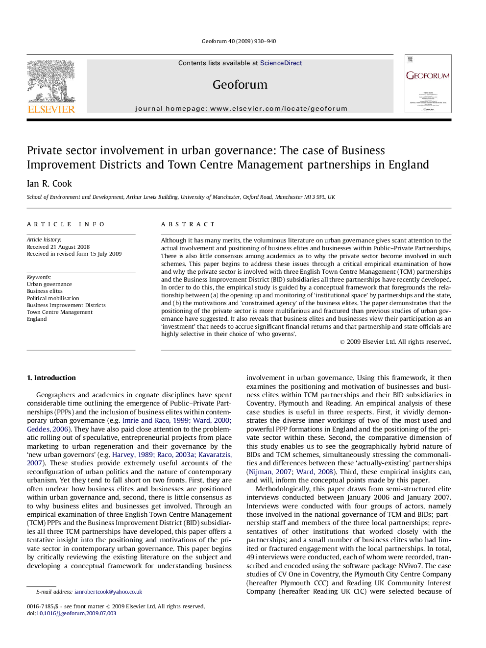 Private sector involvement in urban governance: The case of Business Improvement Districts and Town Centre Management partnerships in England