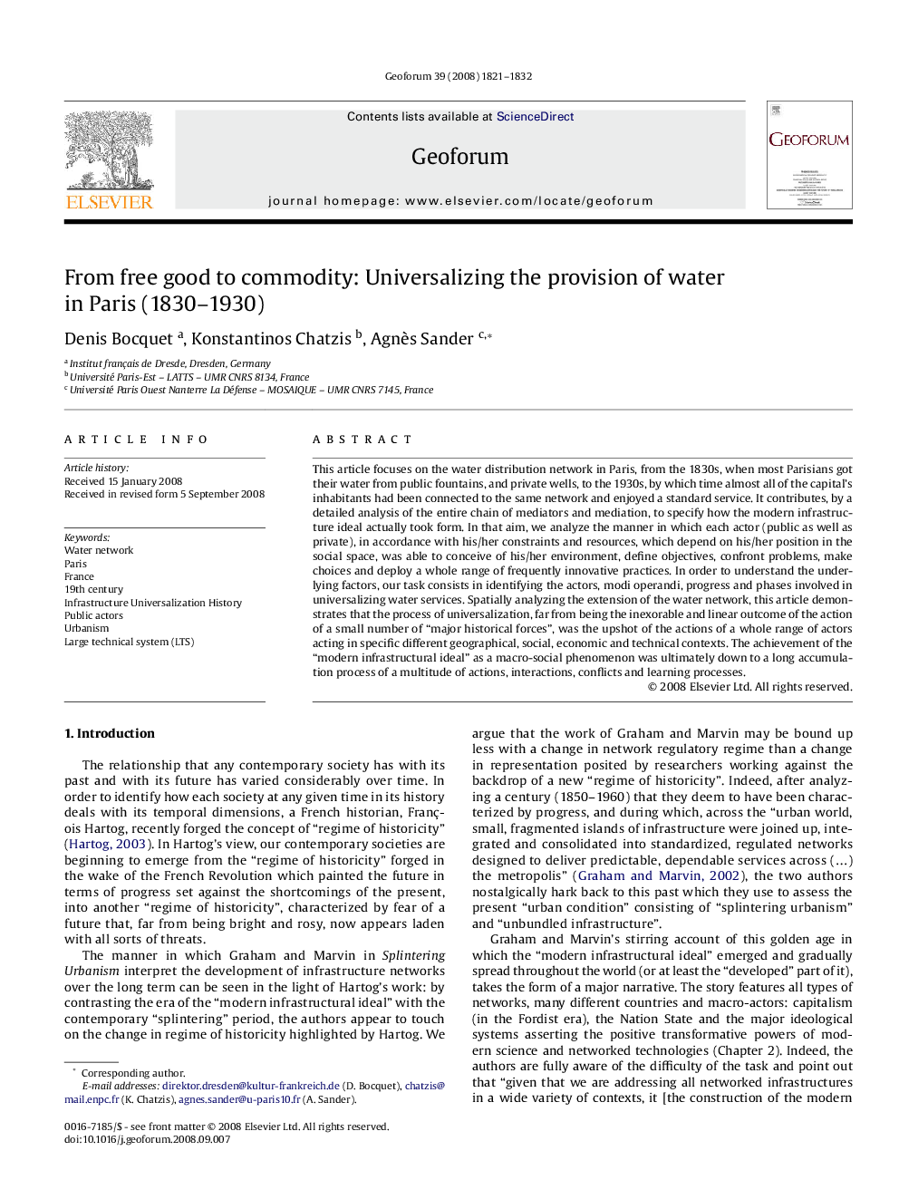 عکس صفحه اول مقاله: From free good to commodity: Universalizing the provision of water in Paris (1830-1930) From free good to commodity: Universalizing the provision of water in Paris (1830-1930)