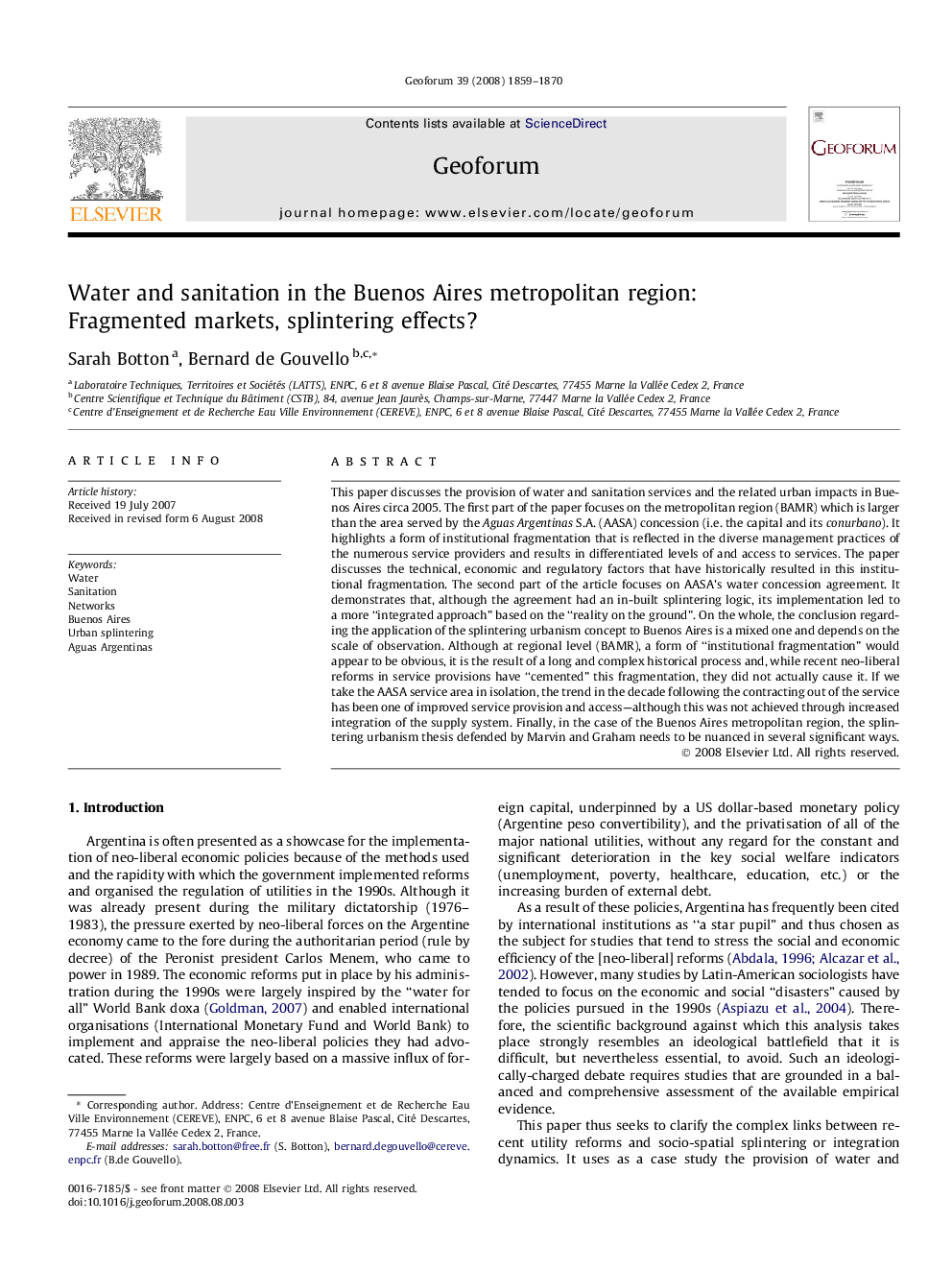 Water and sanitation in the Buenos Aires metropolitan region: Fragmented markets, splintering effects?