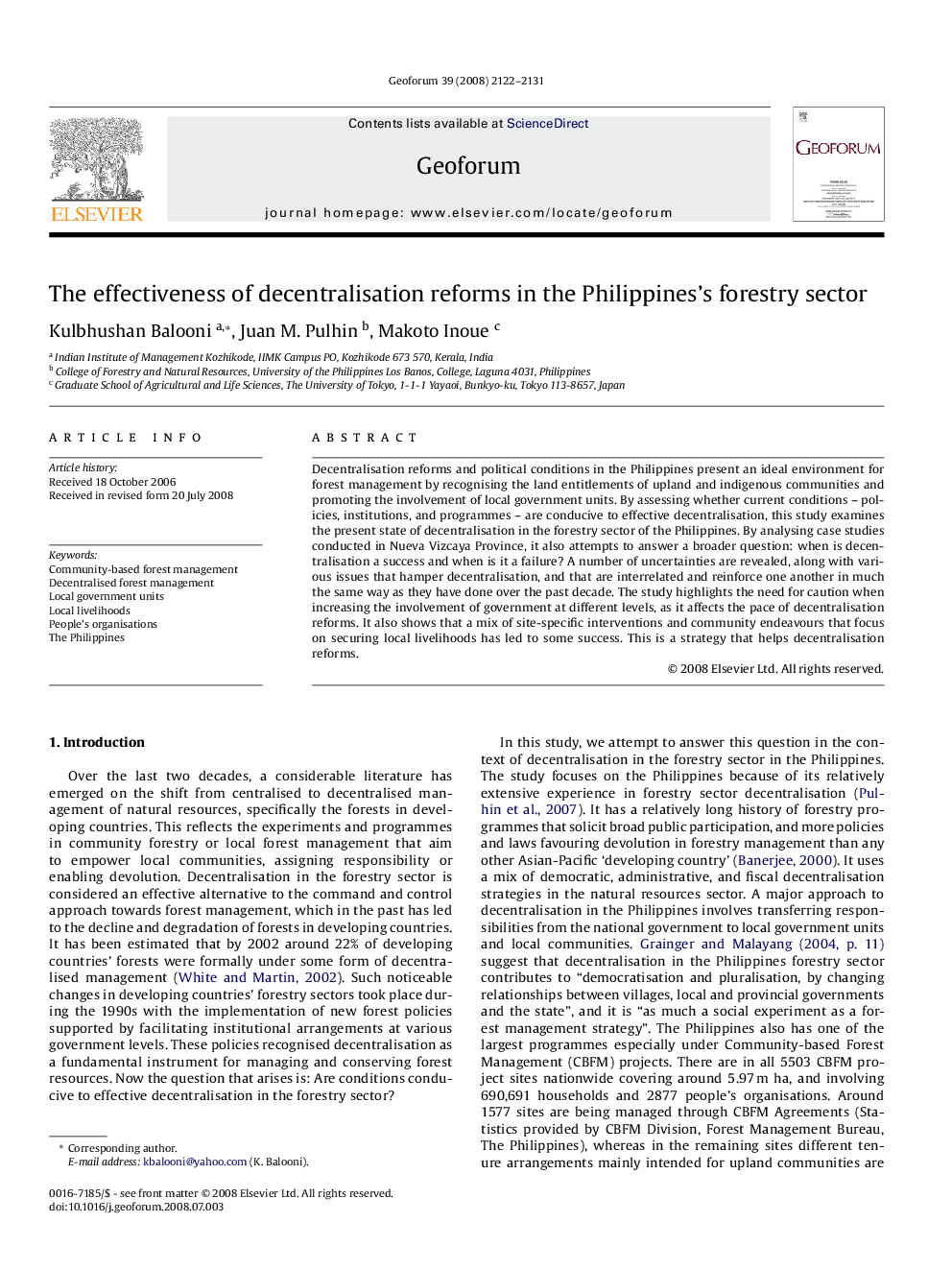 The effectiveness of decentralisation reforms in the Philippines's forestry sector