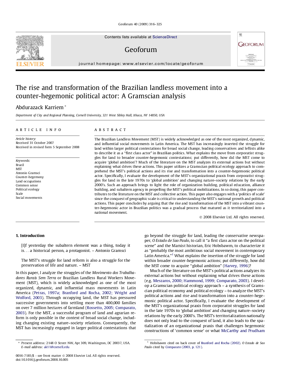 The rise and transformation of the Brazilian landless movement into a counter-hegemonic political actor: A Gramscian analysis