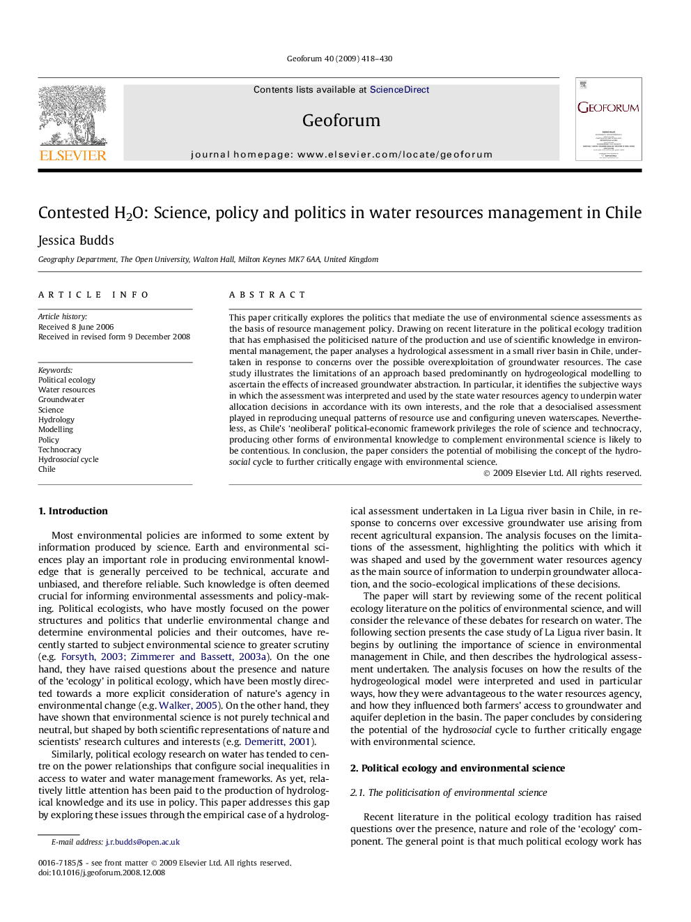 Contested H2O: Science, policy and politics in water resources management in Chile