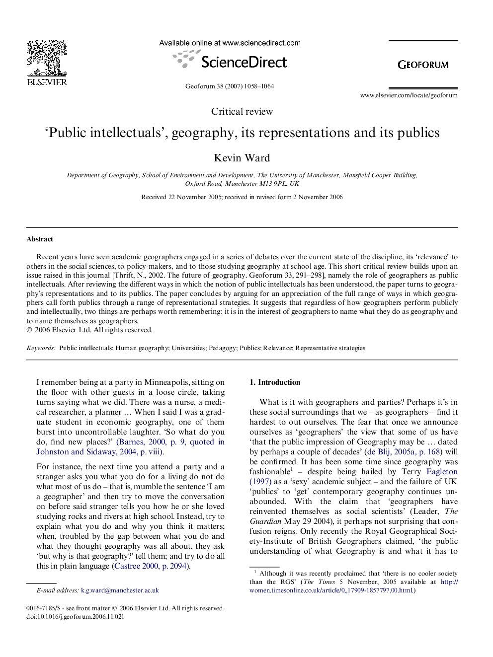 Critical review'Public intellectuals', geography, its representations and its publics