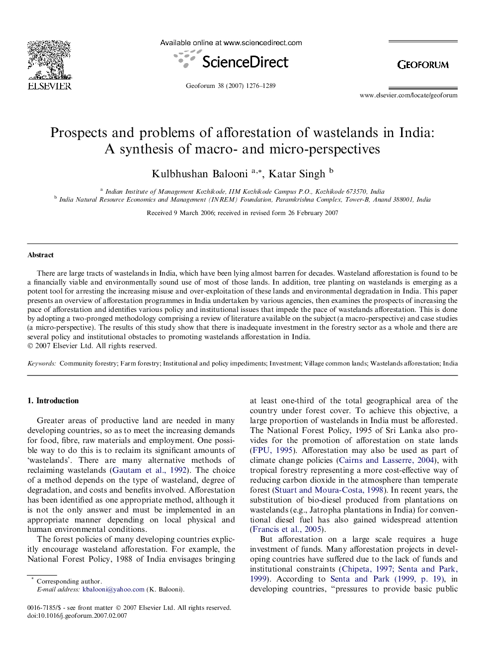 Prospects and problems of afforestation of wastelands in India: A synthesis of macro- and micro-perspectives