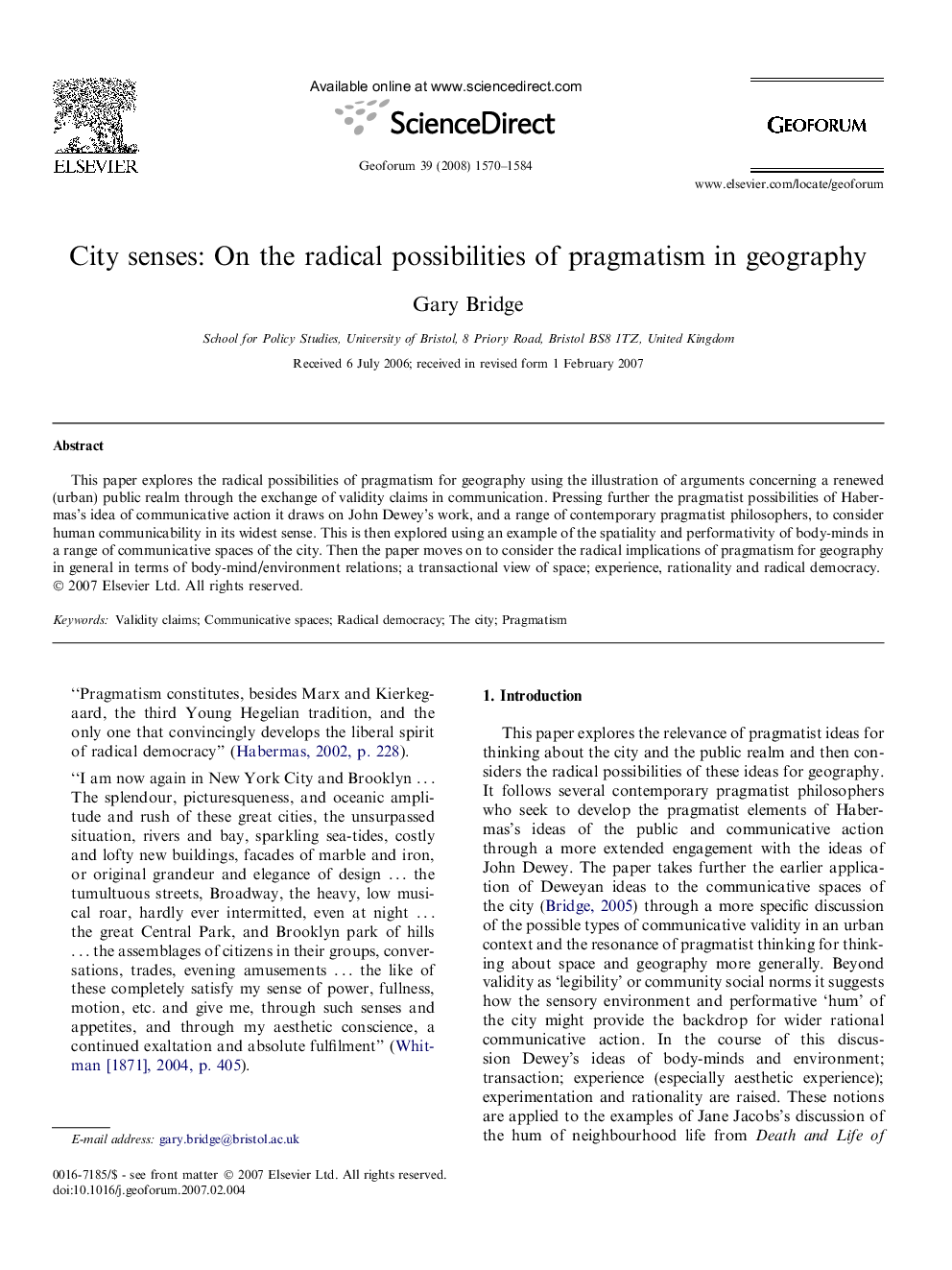 City senses: On the radical possibilities of pragmatism in geography