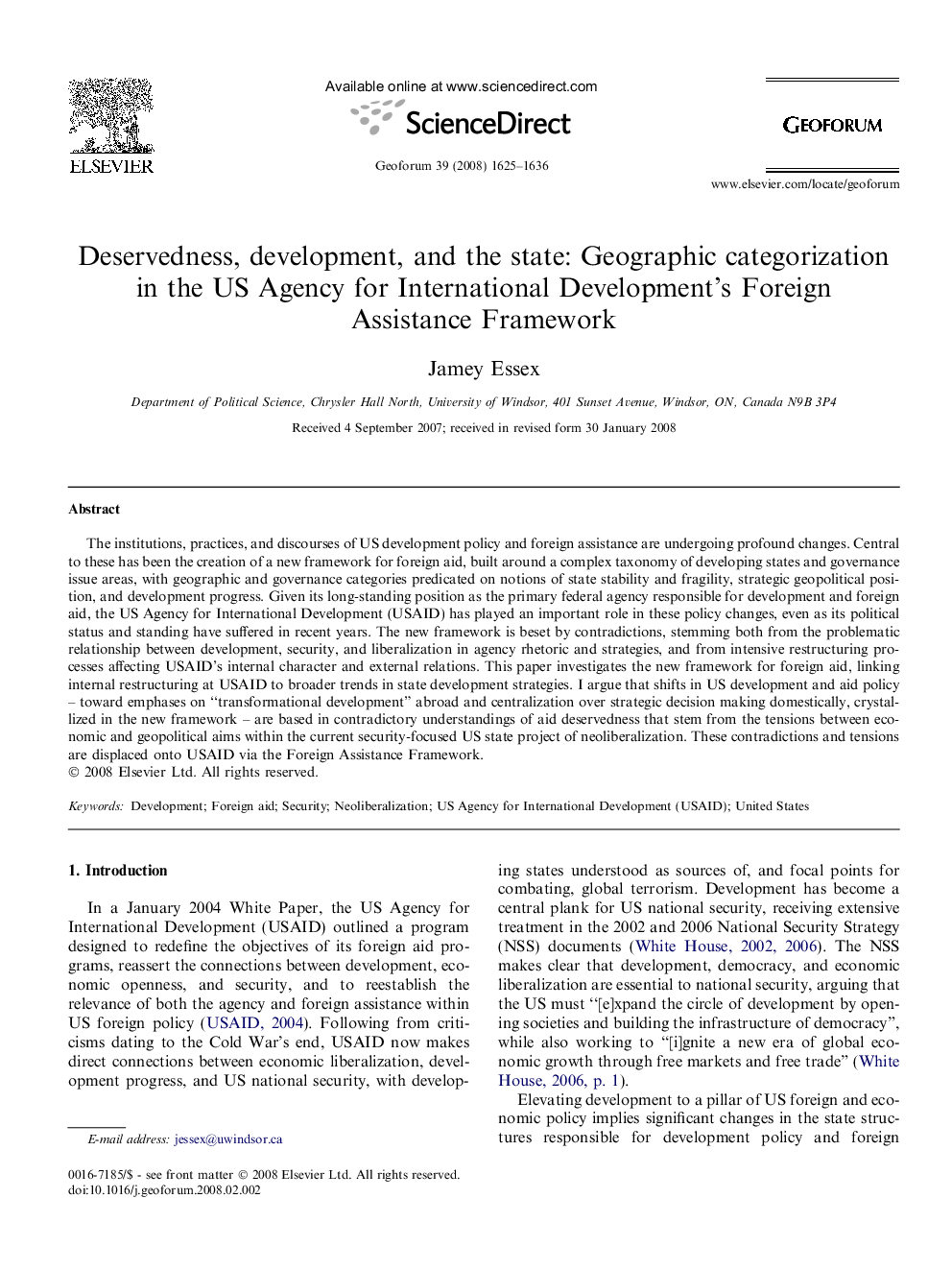 Deservedness, development, and the state: Geographic categorization in the US Agency for International Development's Foreign Assistance Framework