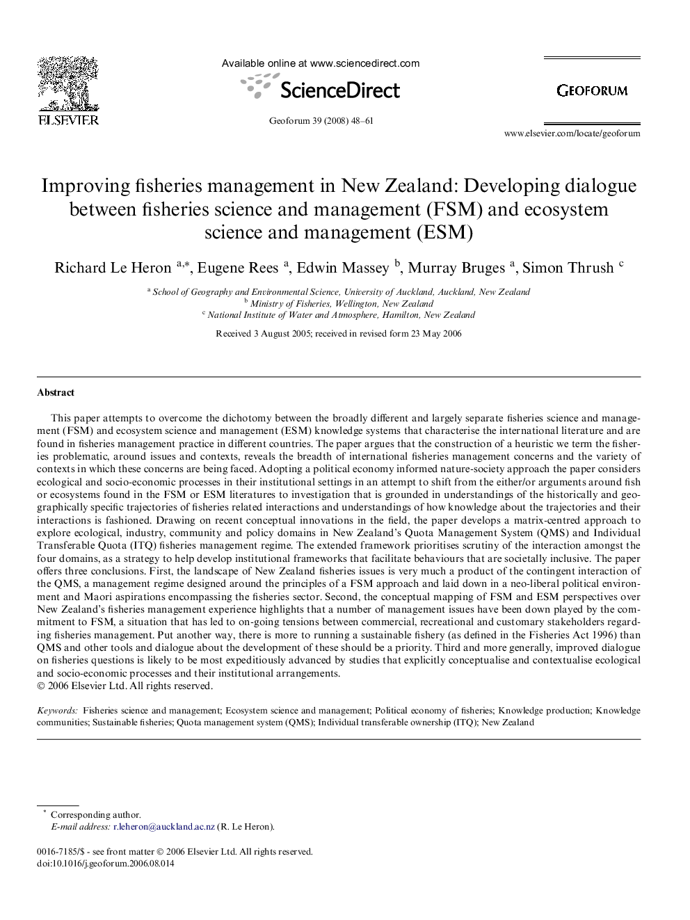 Improving fisheries management in New Zealand: Developing dialogue between fisheries science and management (FSM) and ecosystem science and management (ESM)