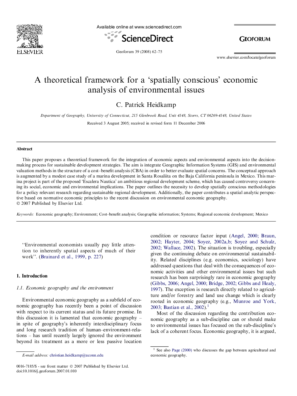 A theoretical framework for a 'spatially conscious' economic analysis of environmental issues