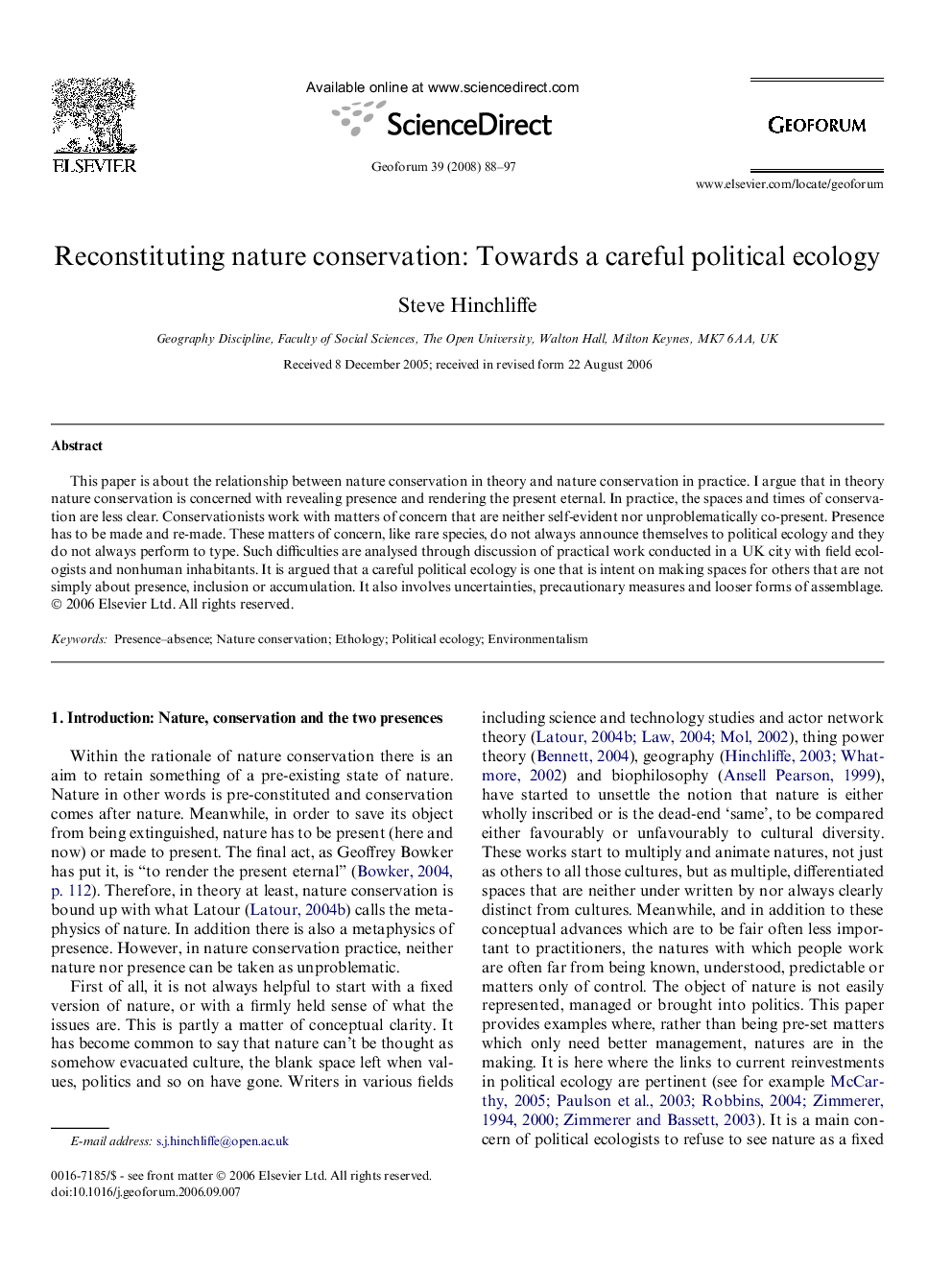 Reconstituting nature conservation: Towards a careful political ecology