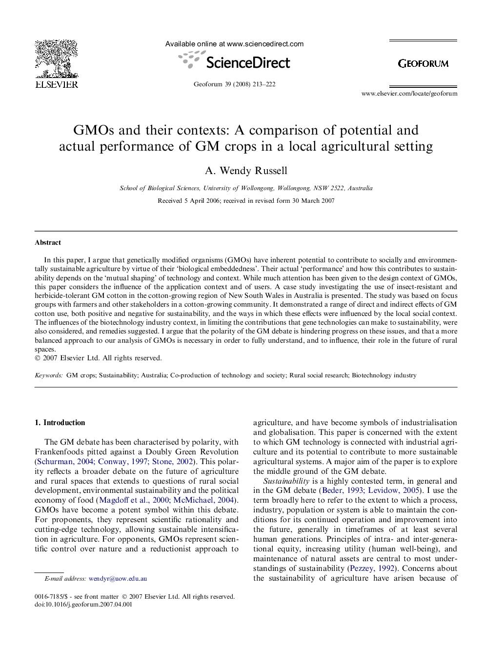 GMOs and their contexts: A comparison of potential and actual performance of GM crops in a local agricultural setting