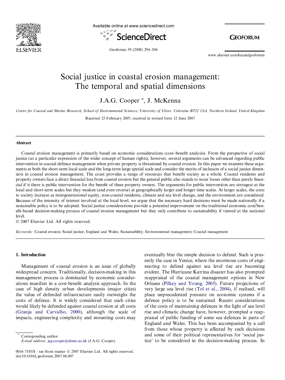 Social justice in coastal erosion management: The temporal and spatial dimensions