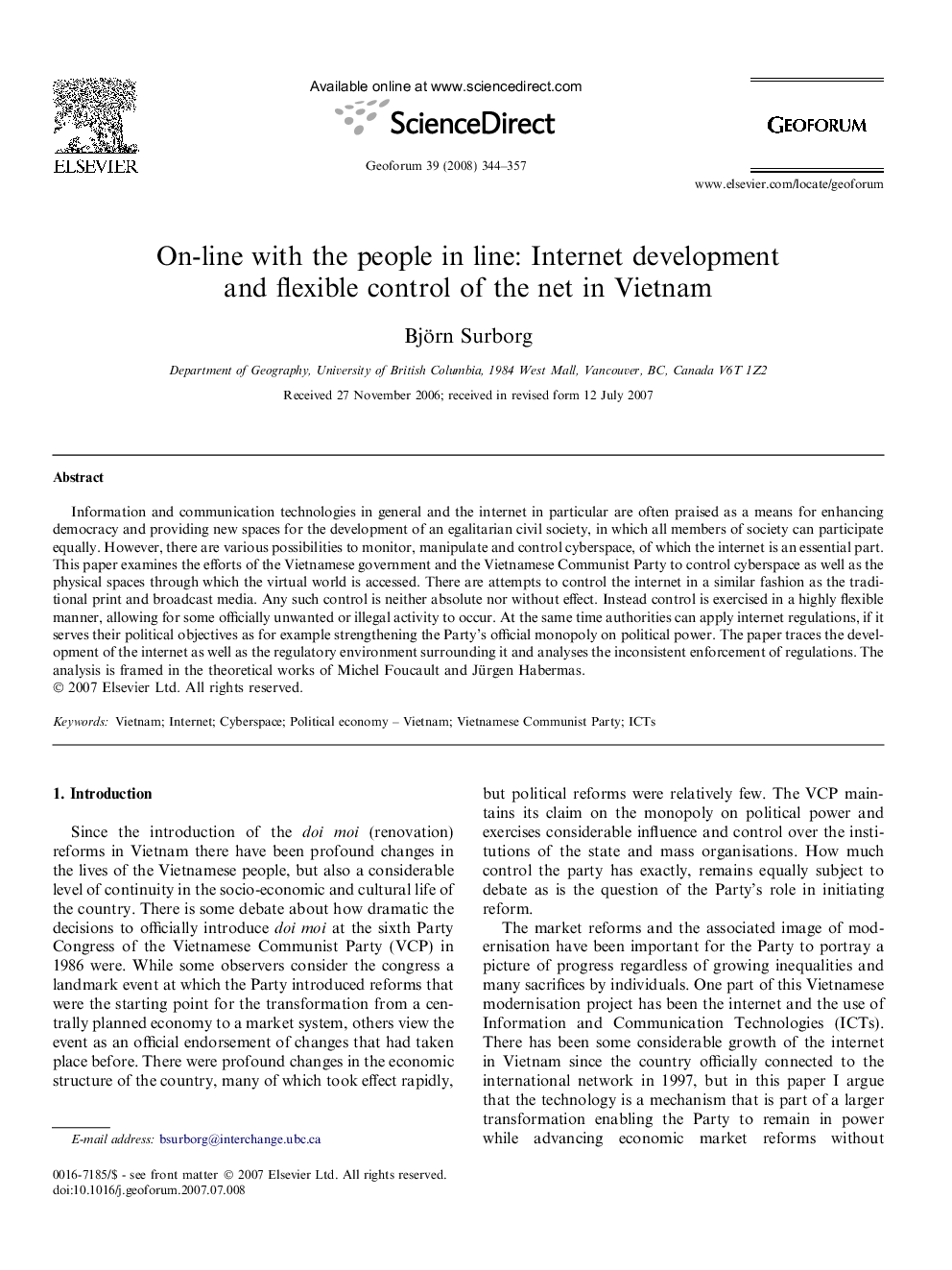 On-line with the people in line: Internet development and flexible control of the net in Vietnam