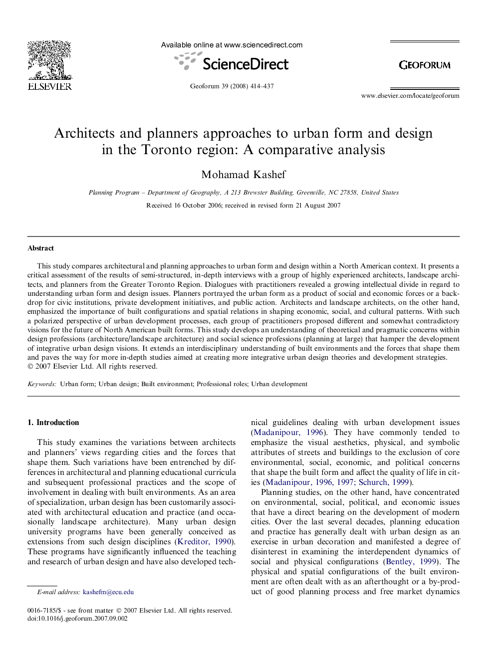 Architects and planners approaches to urban form and design in the Toronto region: A comparative analysis