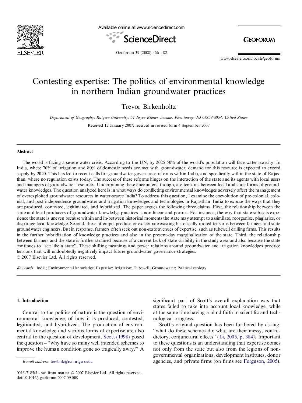 Contesting expertise: The politics of environmental knowledge in northern Indian groundwater practices