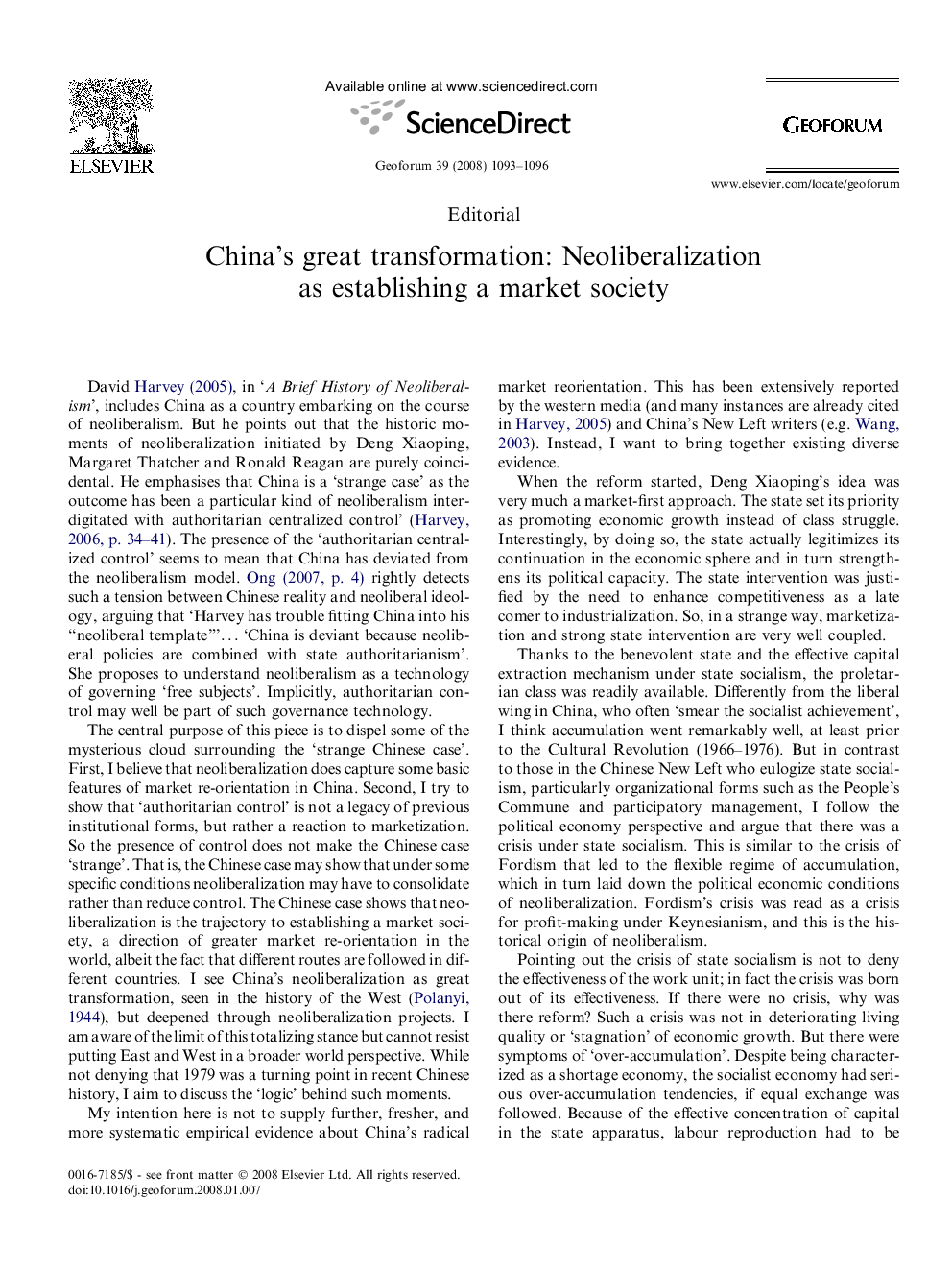 China's great transformation: Neoliberalization as establishing a market society