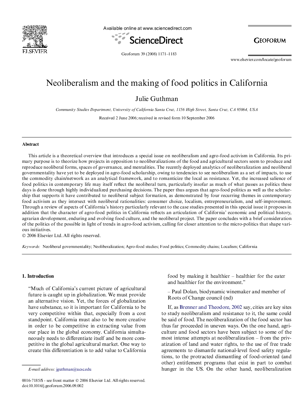 Neoliberalism and the making of food politics in California