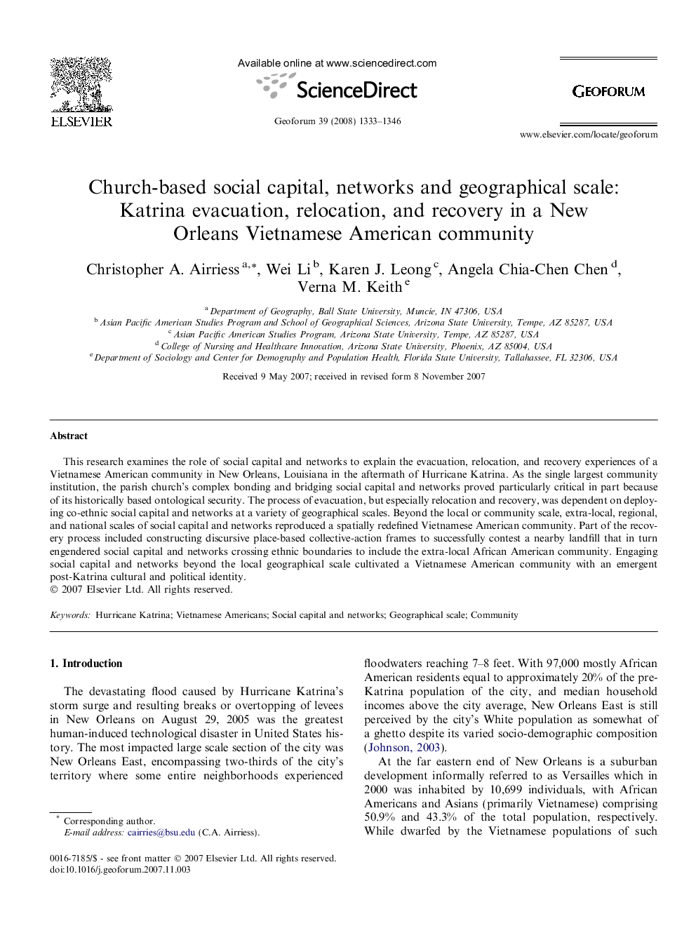 Church-based social capital, networks and geographical scale: Katrina evacuation, relocation, and recovery in a New Orleans Vietnamese American community