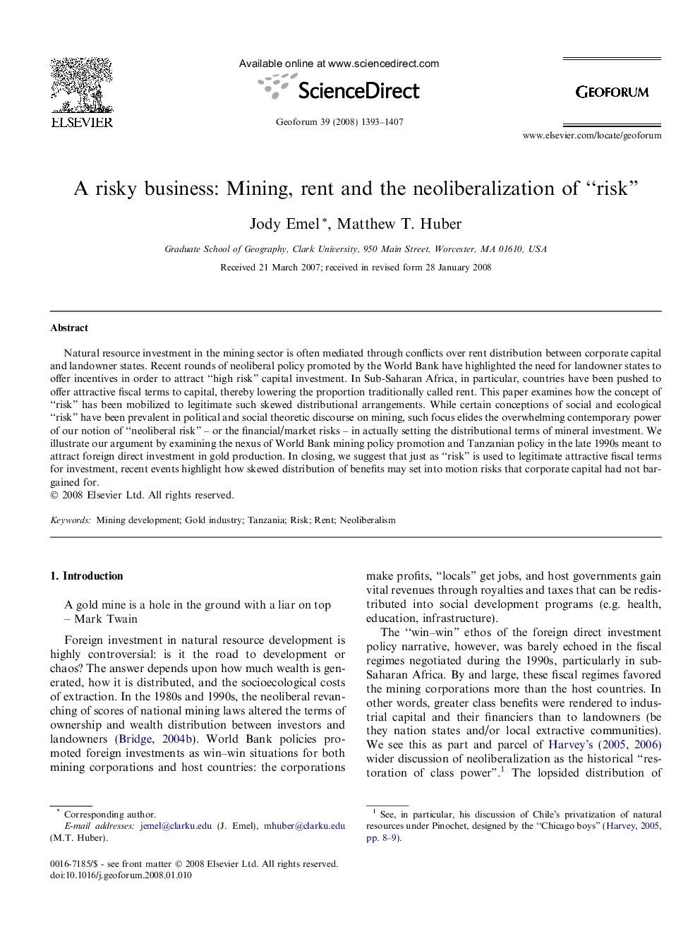 A risky business: Mining, rent and the neoliberalization of “risk”