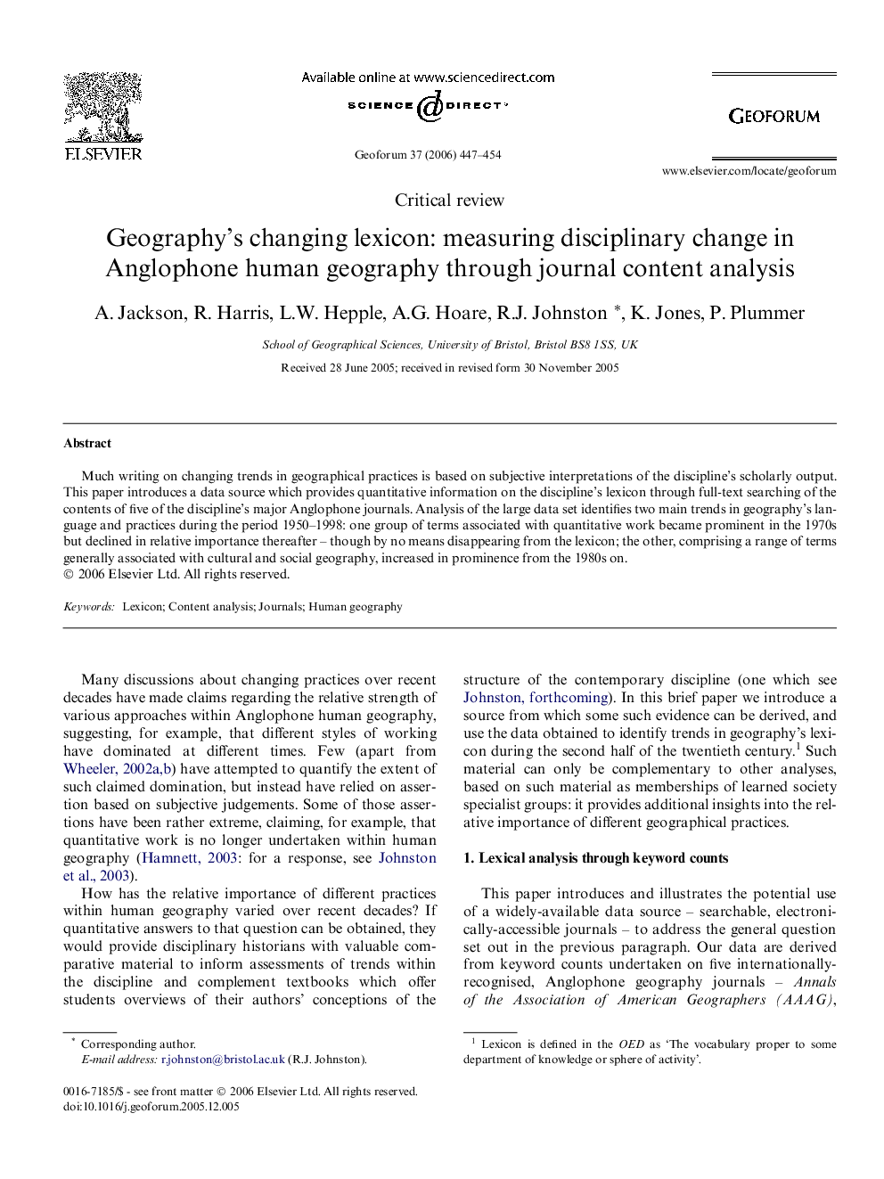 Geography's changing lexicon: measuring disciplinary change in Anglophone human geography through journal content analysis