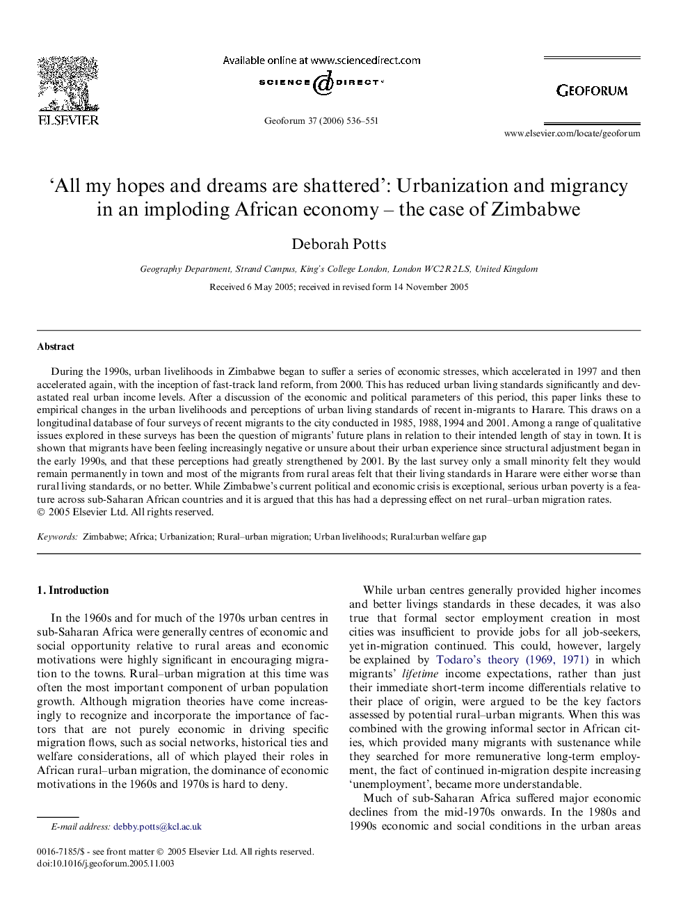 'All my hopes and dreams are shattered': Urbanization and migrancy in an imploding African economy - the case of Zimbabwe