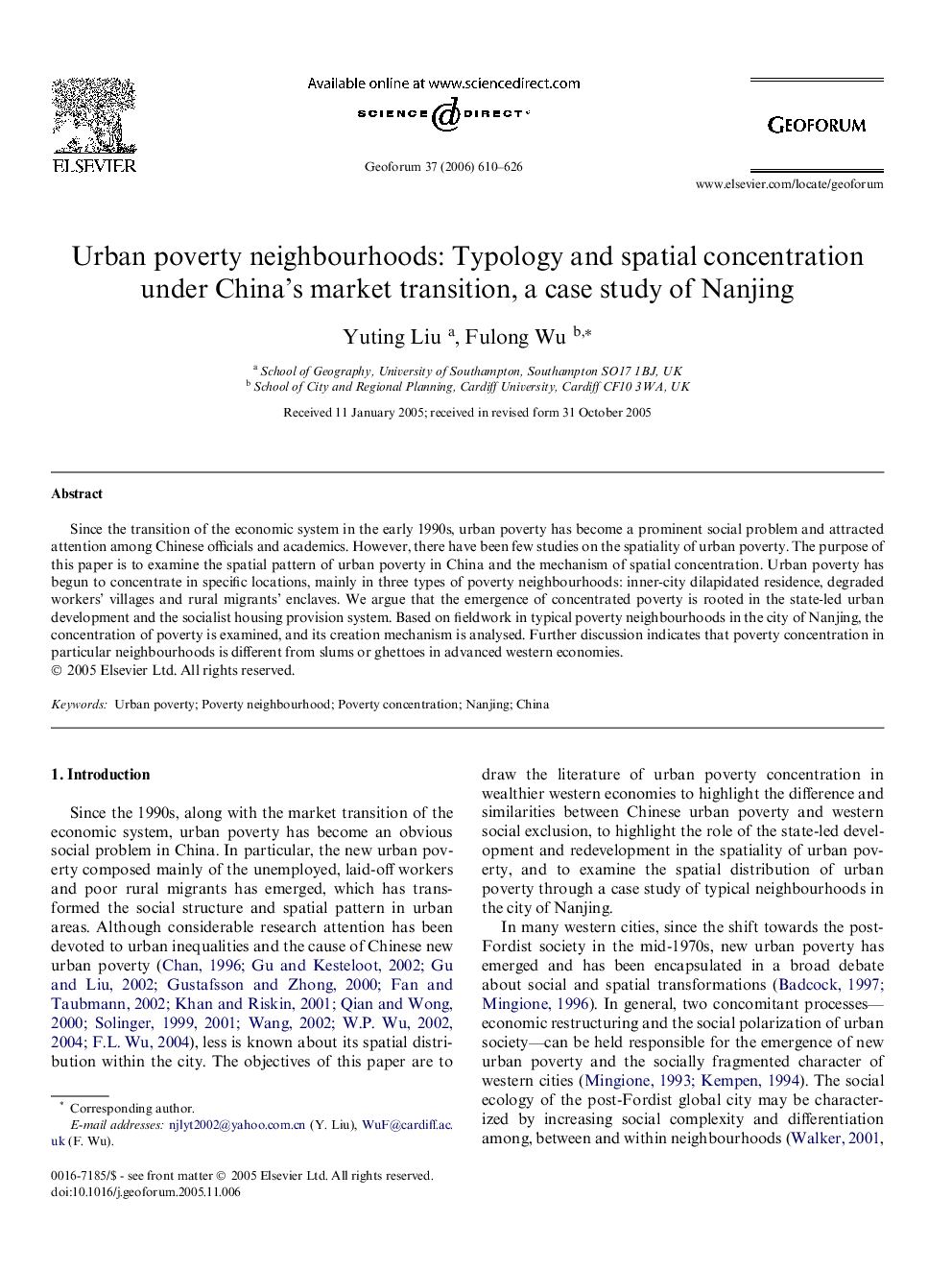 Urban poverty neighbourhoods: Typology and spatial concentration under China's market transition, a case study of Nanjing