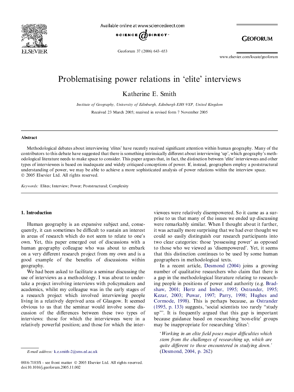 Problematising power relations in 'elite' interviews