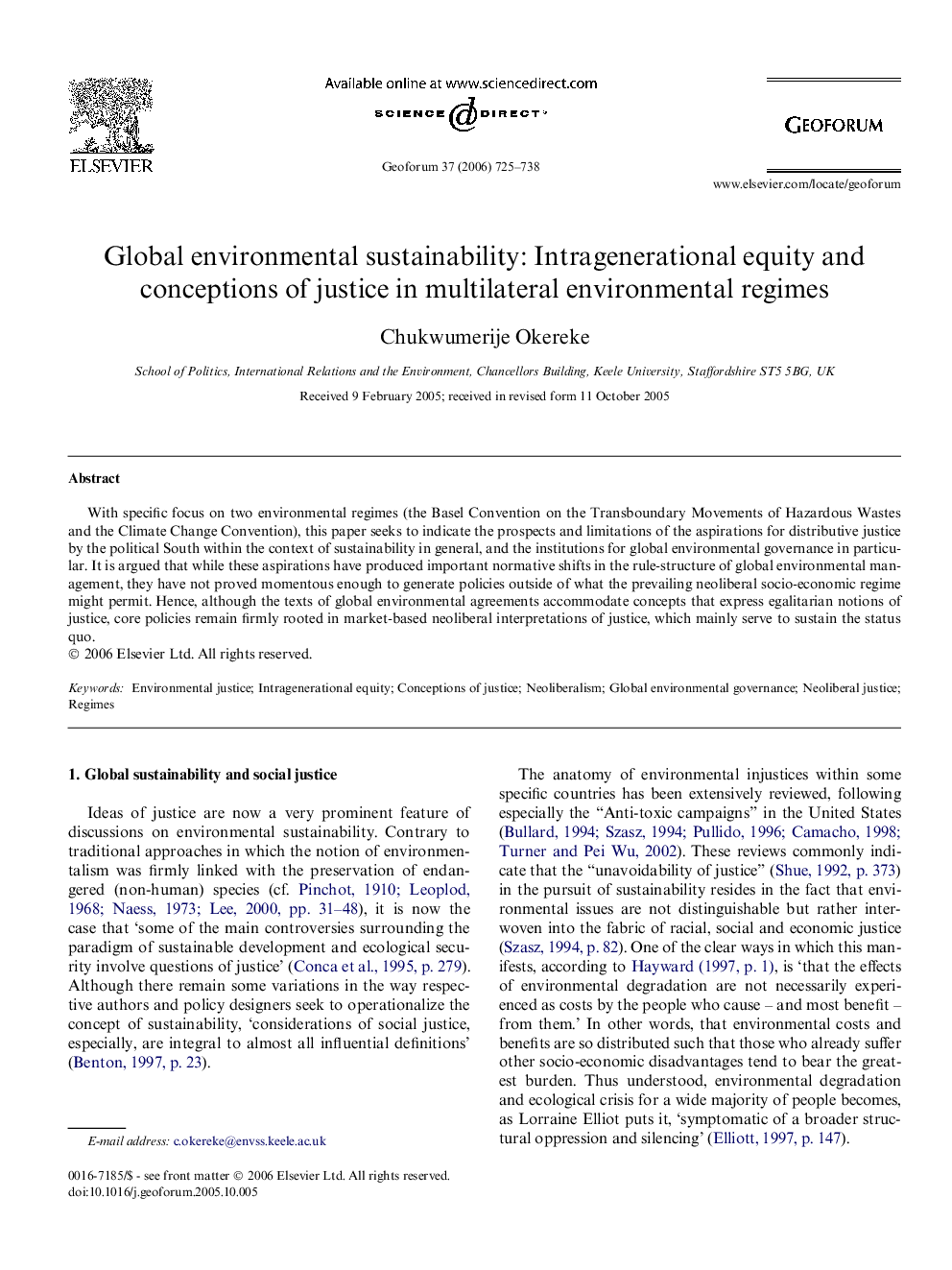 Global environmental sustainability: Intragenerational equity and conceptions of justice in multilateral environmental regimes