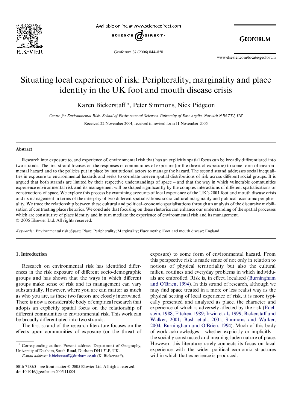 Situating local experience of risk: Peripherality, marginality and place identity in the UK foot and mouth disease crisis