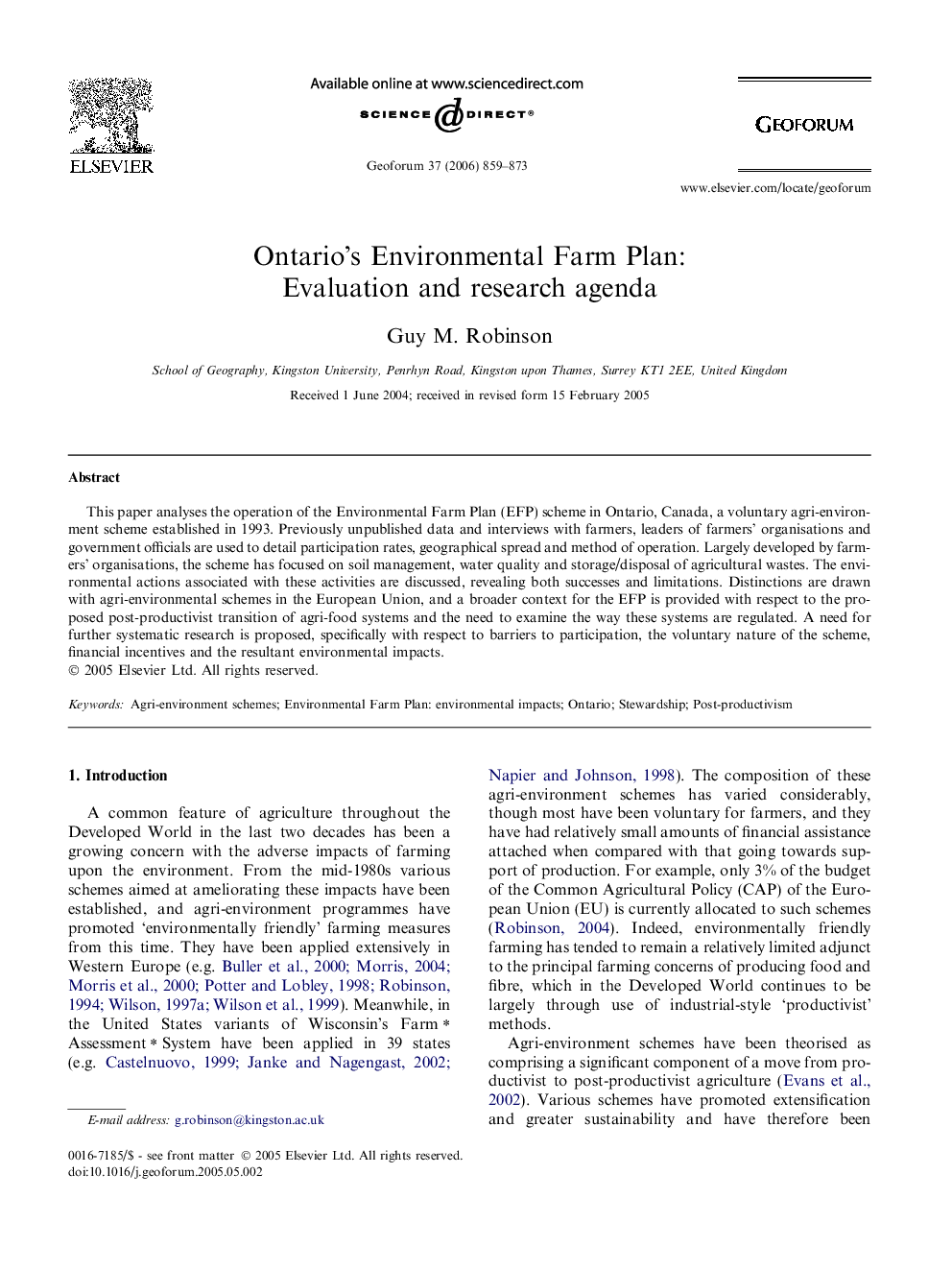 Ontario's Environmental Farm Plan: Evaluation and research agenda