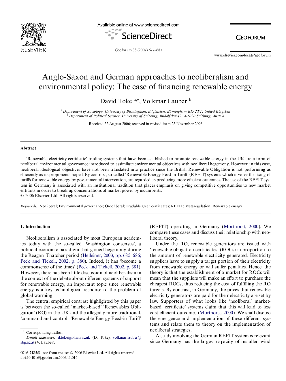 Anglo-Saxon and German approaches to neoliberalism and environmental policy: The case of financing renewable energy