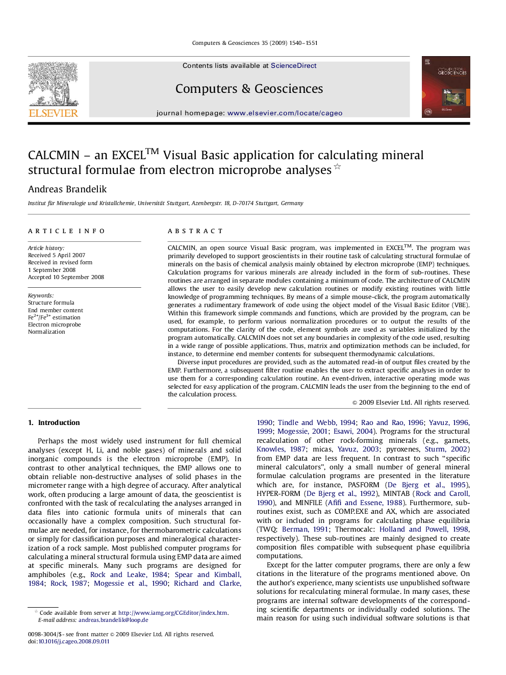 CALCMIN – an EXCEL™ Visual Basic application for calculating mineral structural formulae from electron microprobe analyses 