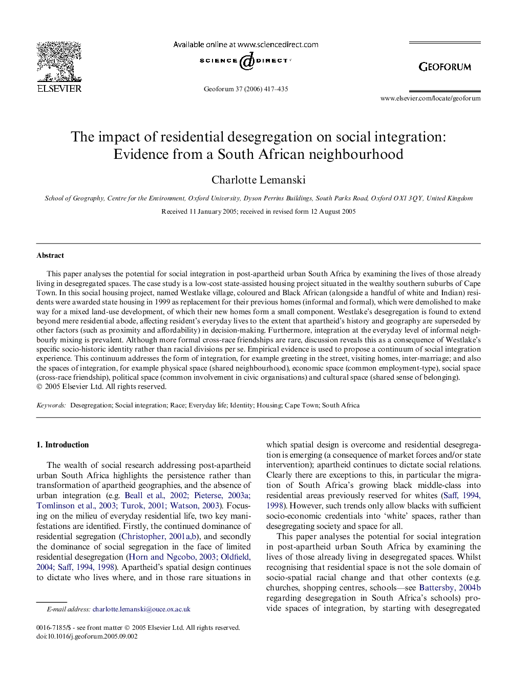 The impact of residential desegregation on social integration: Evidence from a South African neighbourhood