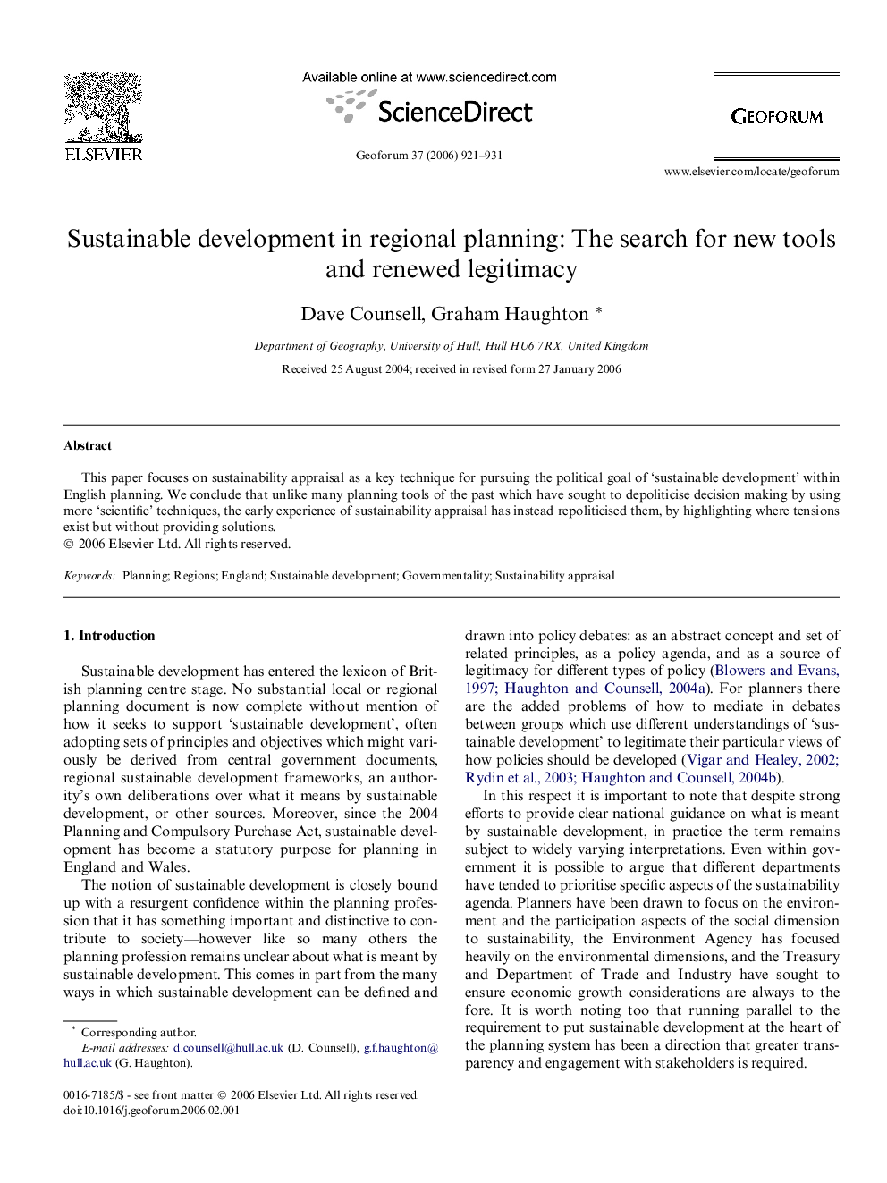 Sustainable development in regional planning: The search for new tools and renewed legitimacy