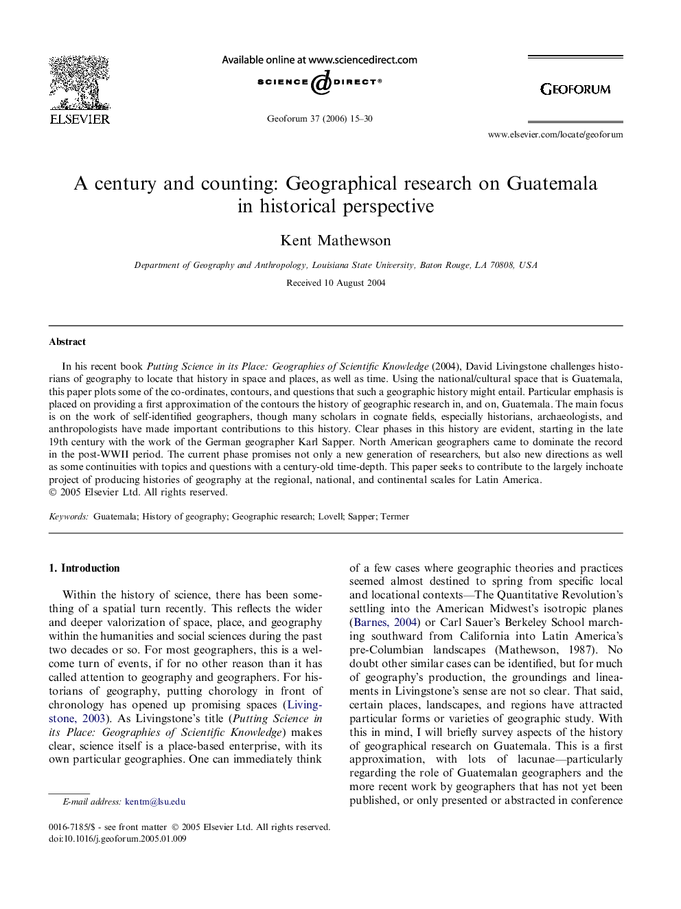 A century and counting: Geographical research on Guatemala in historical perspective