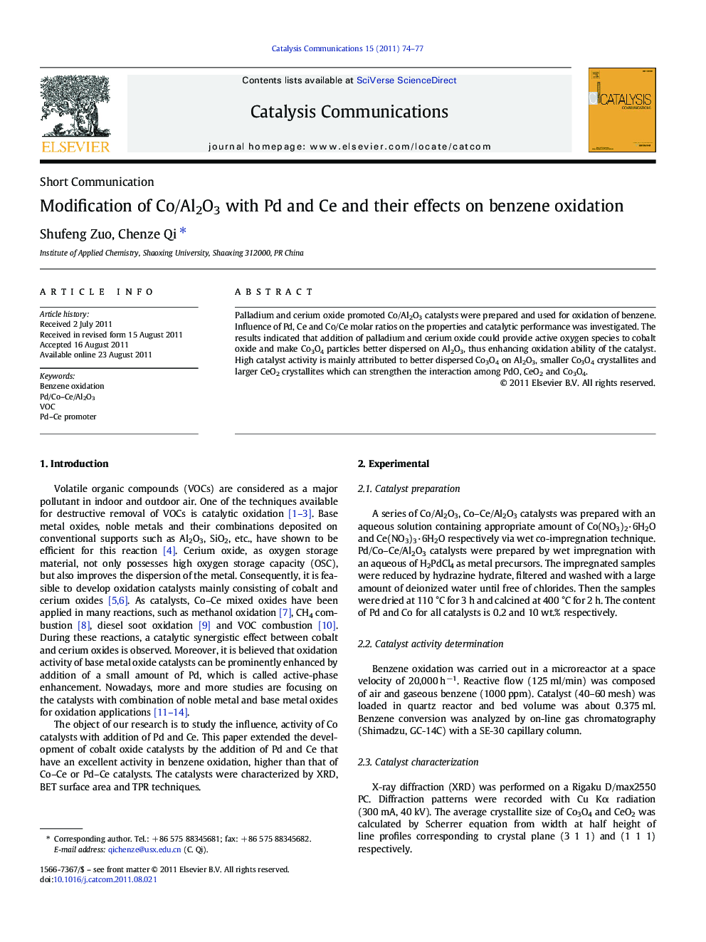 Modification of Co/Al2O3 with Pd and Ce and their effects on benzene oxidation