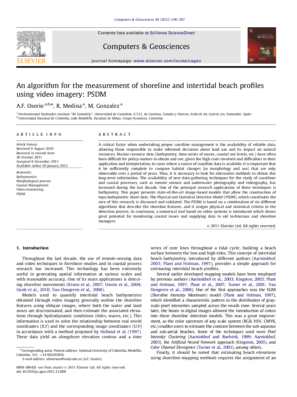 An algorithm for the measurement of shoreline and intertidal beach profiles using video imagery: PSDM