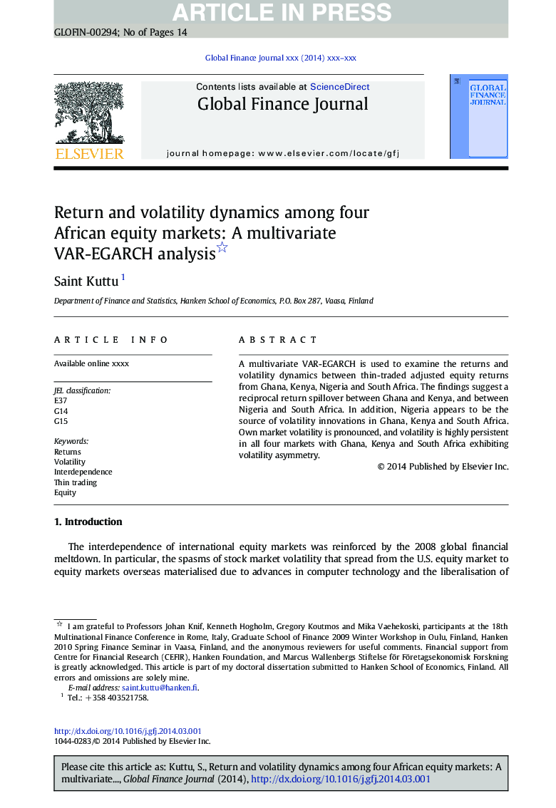 Return and volatility dynamics among four African equity markets: A multivariate VAR-EGARCH analysis