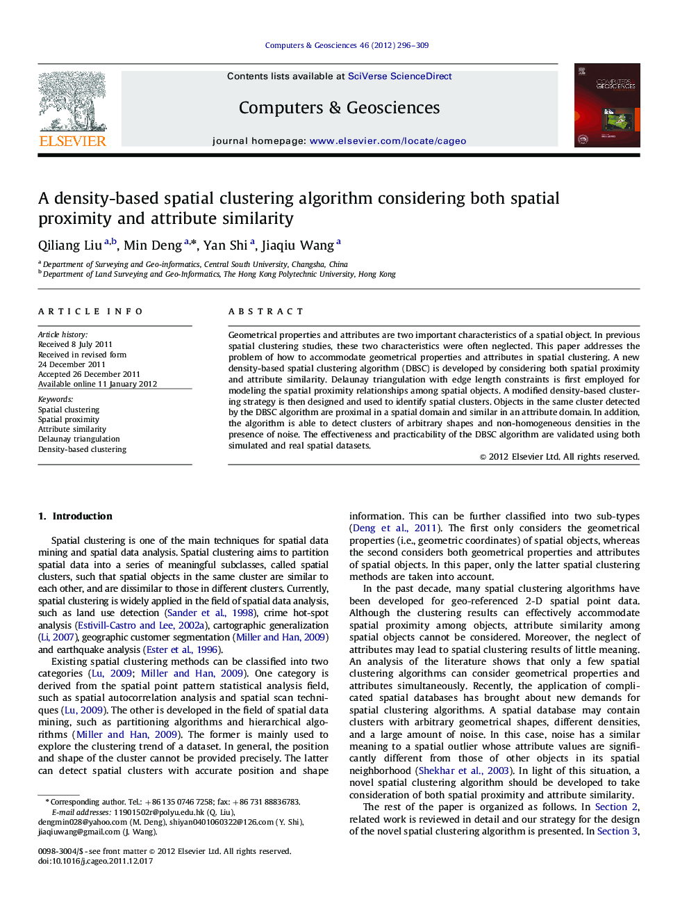 A density-based spatial clustering algorithm considering both spatial proximity and attribute similarity