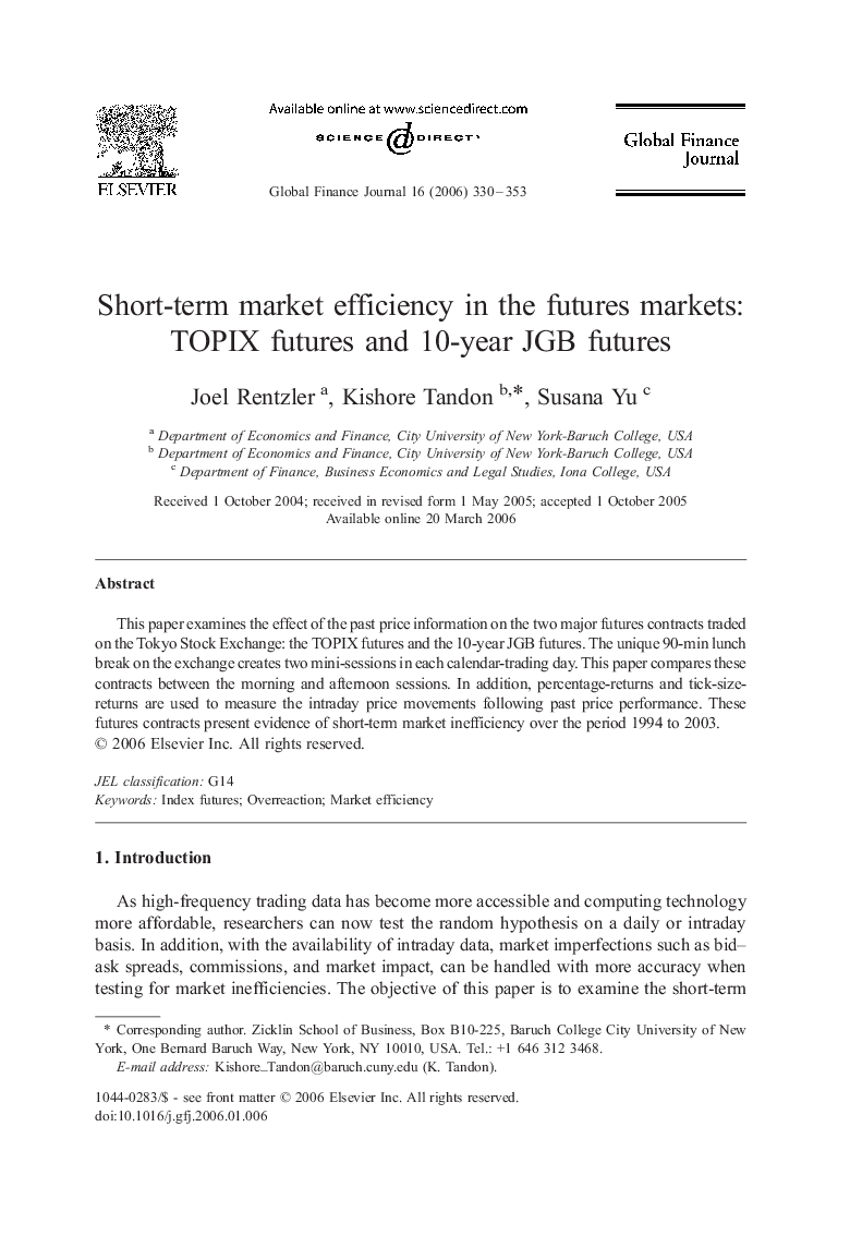 Short-term market efficiency in the futures markets: TOPIX futures and 10-year JGB futures