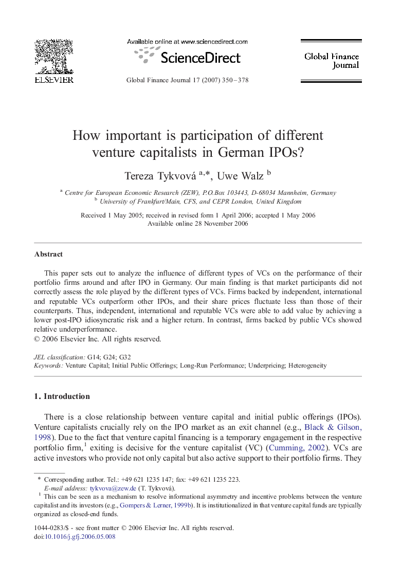 عکس صفحه اول مقاله: How important is participation of different venture capitalists in German IPOs? How important is participation of different venture capitalists in German IPOs?