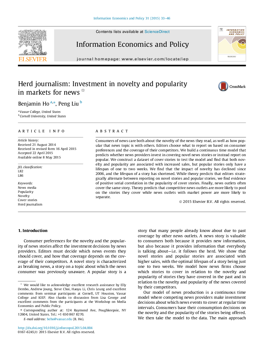 عکس صفحه اول مقاله: Herd journalism: Investment in novelty and popularity in markets for news Herd journalism: Investment in novelty and popularity in markets for news