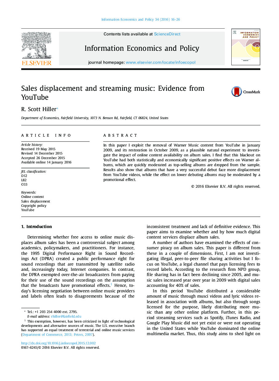 Sales displacement and streaming music: Evidence from YouTube