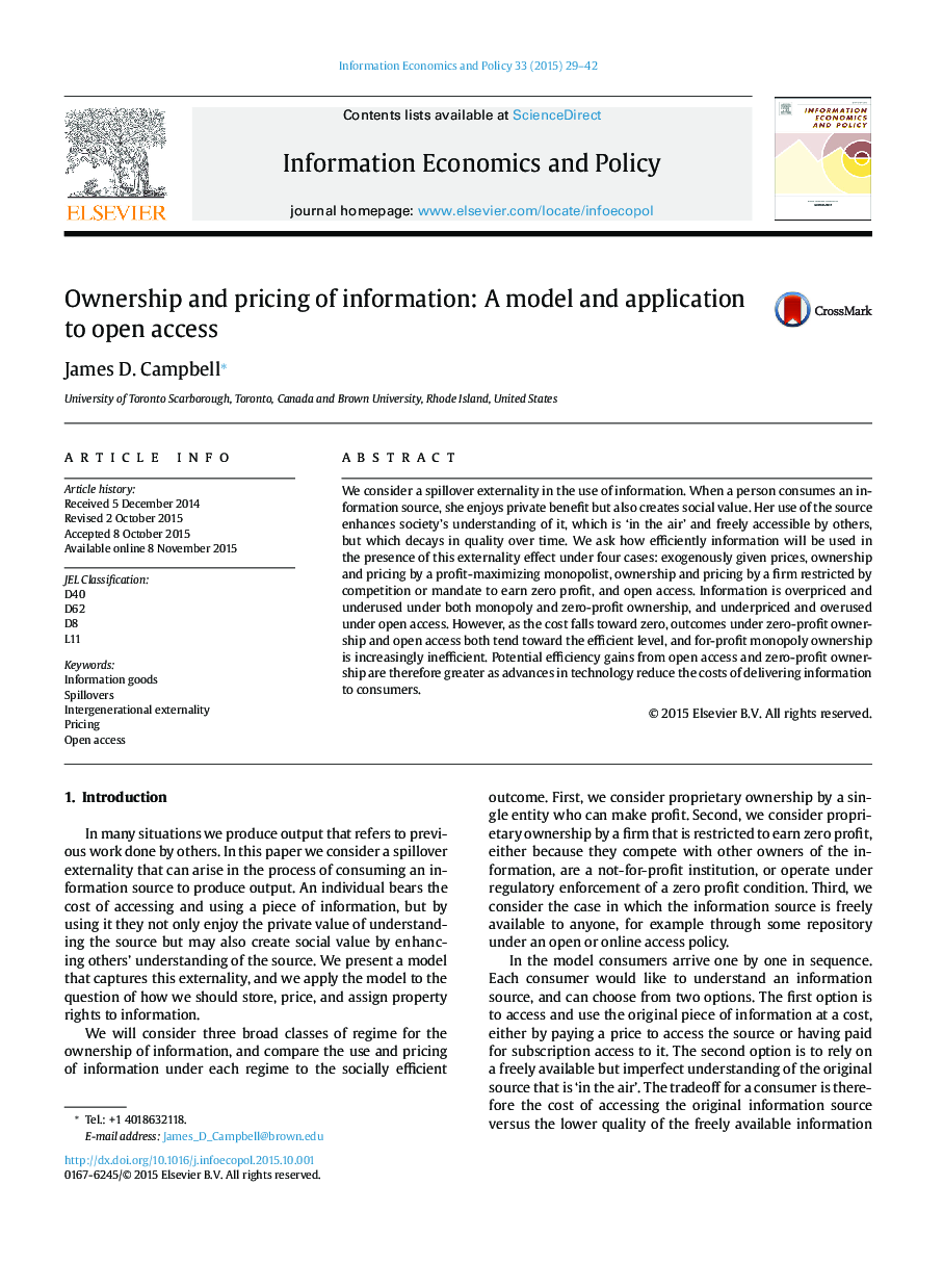 Ownership and pricing of information: A model and application to open access