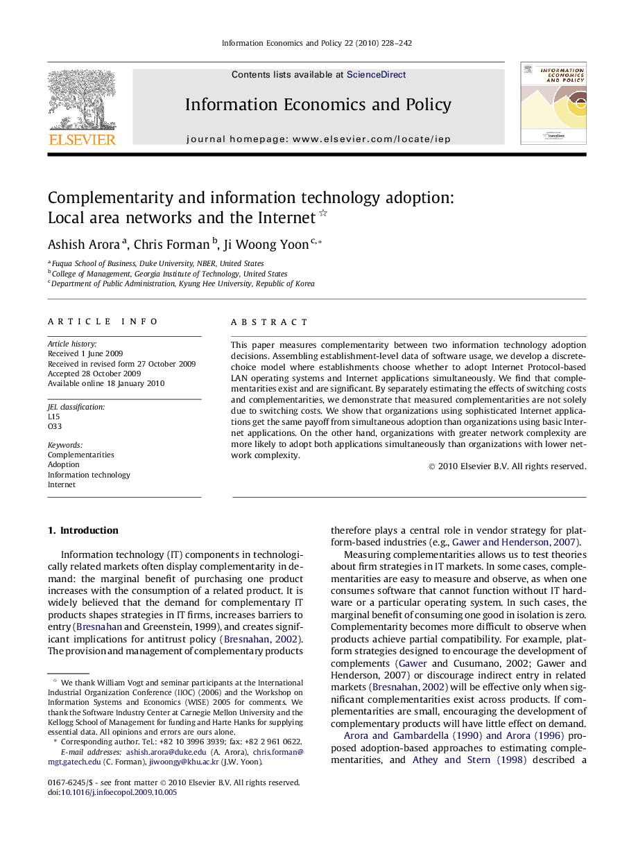 Complementarity and information technology adoption: Local area networks and the Internet