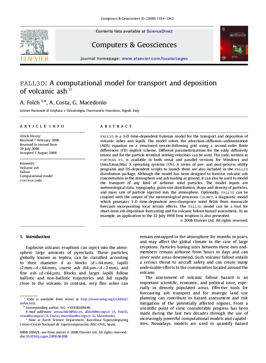 عکس صفحه اول مقاله: FALL3D: A computational model for transport and deposition of volcanic ash FALL3D: A computational model for transport and deposition of volcanic ash