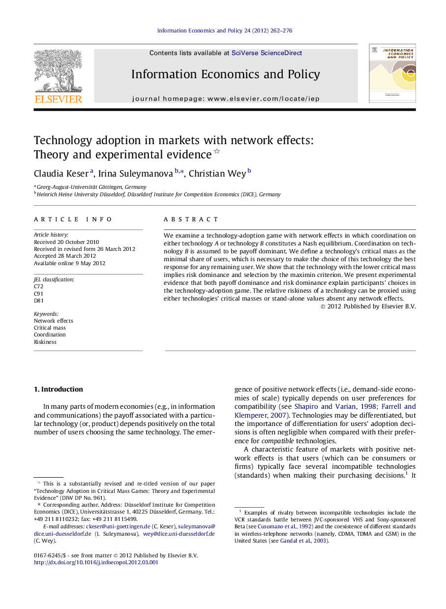 Technology adoption in markets with network effects: Theory and experimental evidence