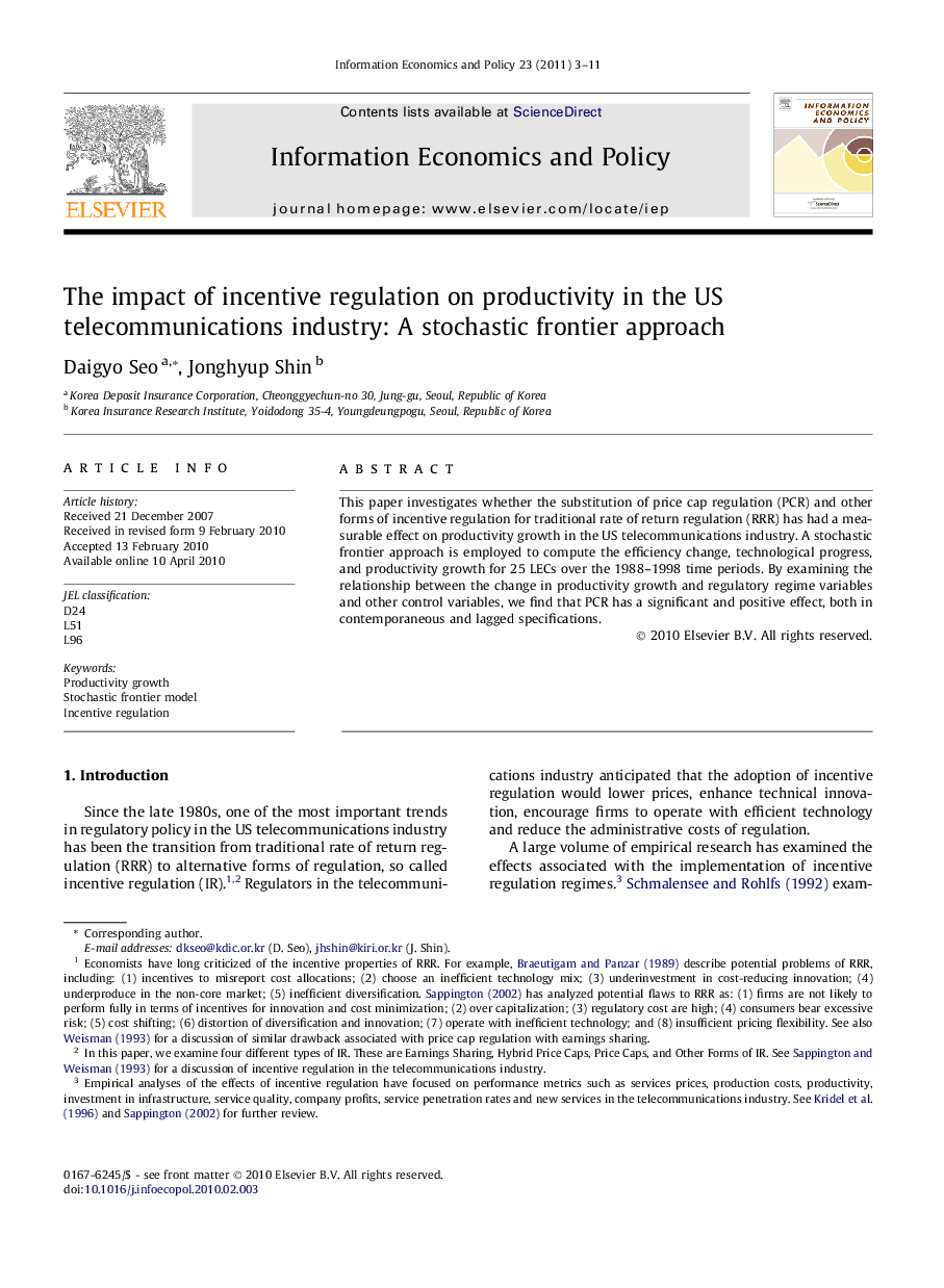 The impact of incentive regulation on productivity in the US telecommunications industry: A stochastic frontier approach